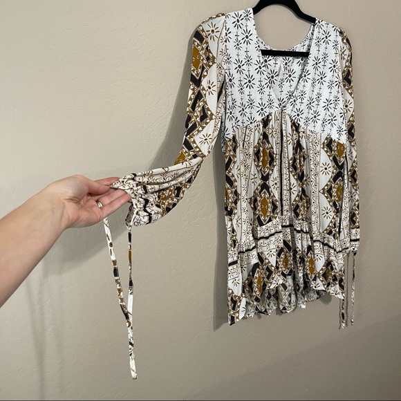 Free People geometry boho tunic long sleeve top dress XS white black brown stars - Picture 5 of 12